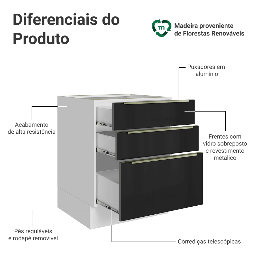 Balcão de Cozinha 60 cm 3 Gavetas (Sem Tampo) Branco/Preto Lux Madesa - Image 3