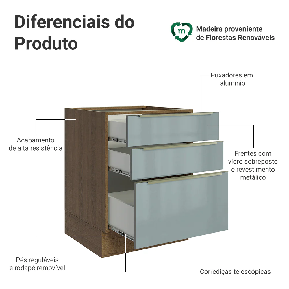 Balcão de Cozinha 60 cm 3 Gavetas (Sem Tampo) Rustic/Cinza Lux Madesa - Image 3