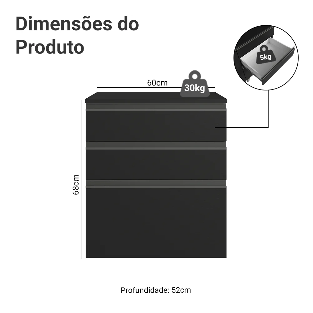 Balcão de Cozinha 60 cm 3 Gavetas Suspenso Preto Nice Madesa - Image 2
