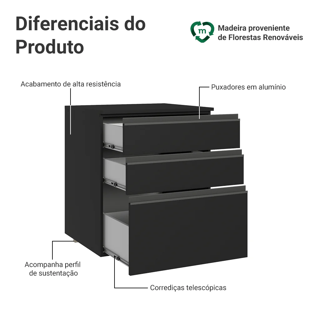 Balcão de Cozinha 60 cm 3 Gavetas Suspenso Preto Nice Madesa - Image 3