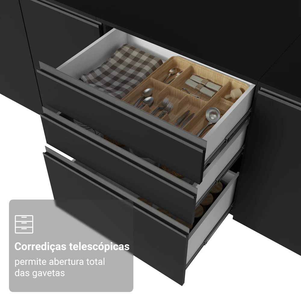 Balcão de Cozinha 60 cm 3 Gavetas Suspenso Preto Nice Madesa - Image 7