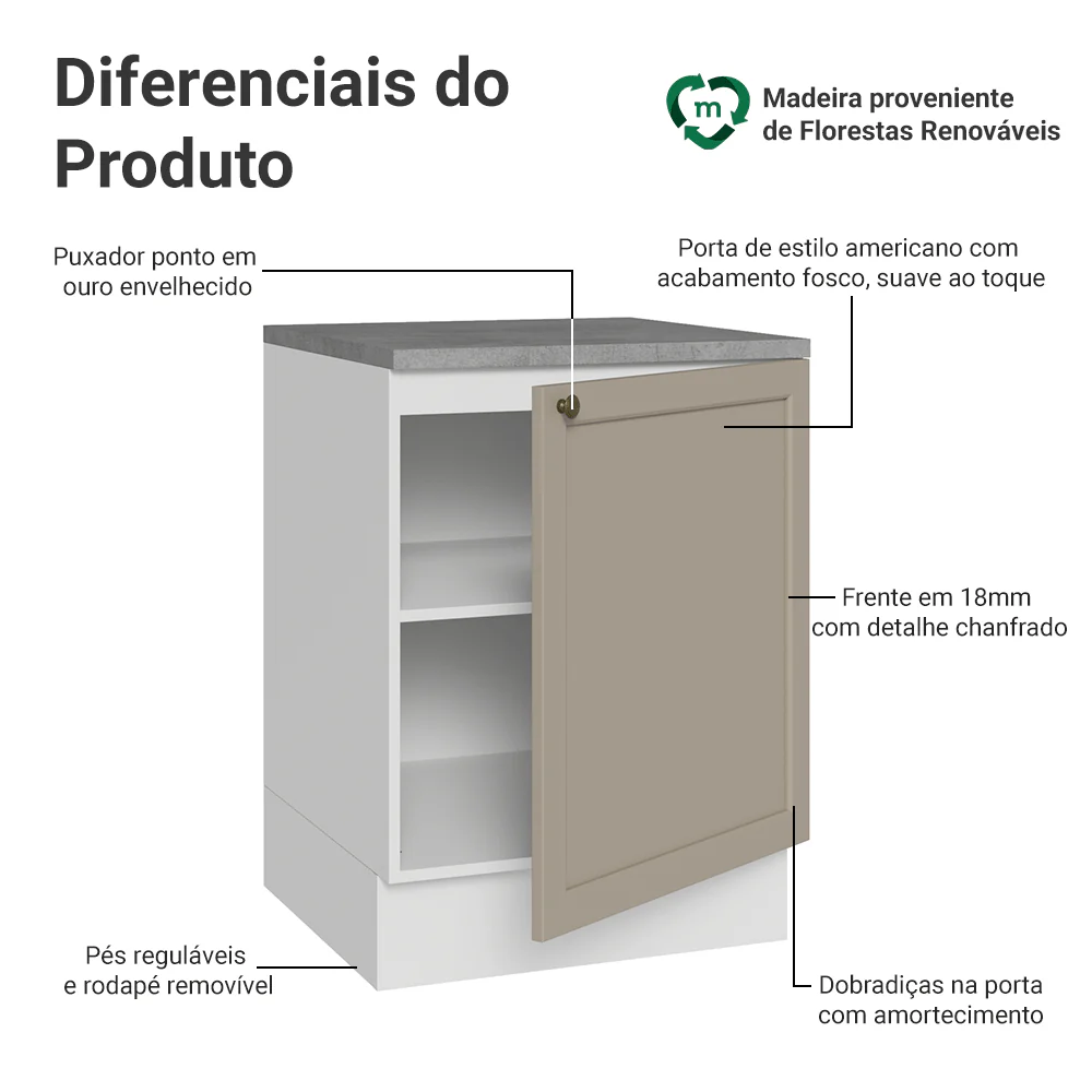 Balcão de Cozinha 60 x 60 cm 1 Porta (Com Tampo) Branco/Crema Vik Madesa - Image 3