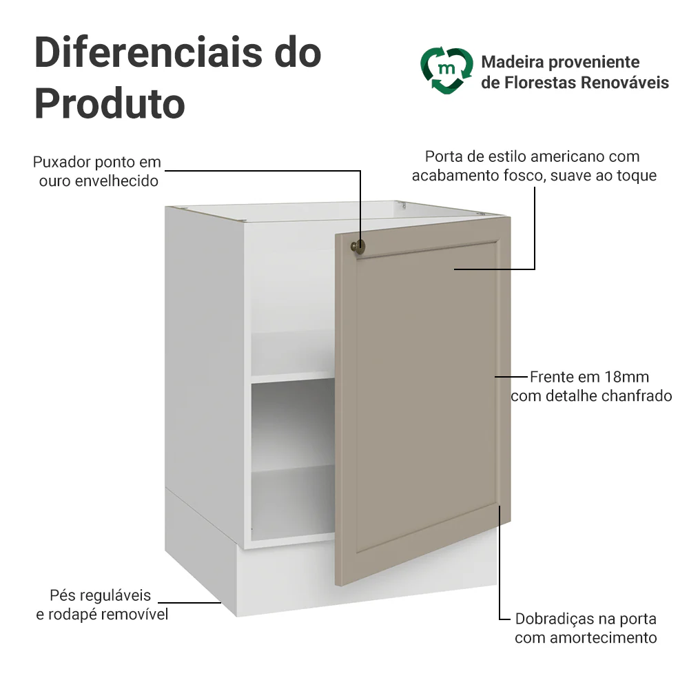 Balcão de Cozinha 60 x 60 cm 1 Porta (Sem Tampo) Branco/Crema Vik Madesa - Image 3