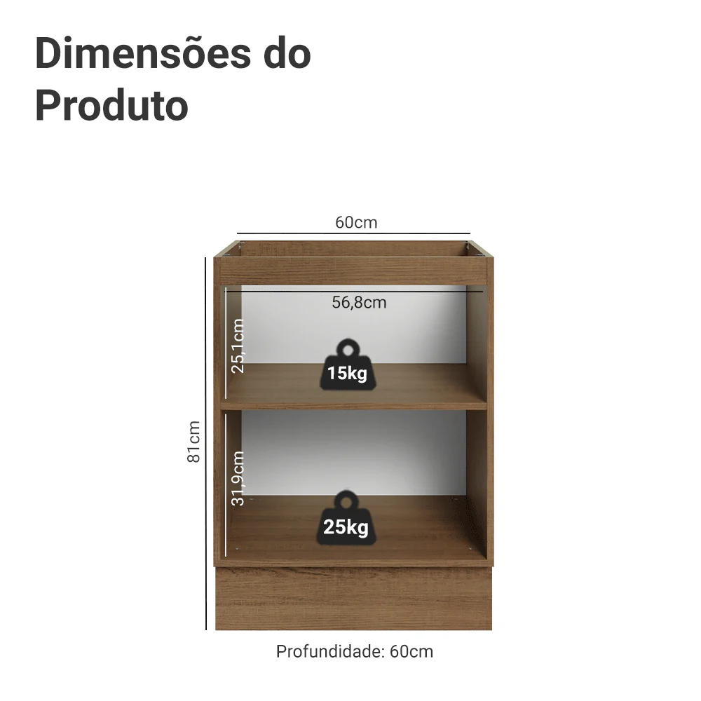 Balcão de Cozinha 60 x 60 cm 1 Porta (Sem Tampo) Rustic/Crema Vik Madesa - Image 2