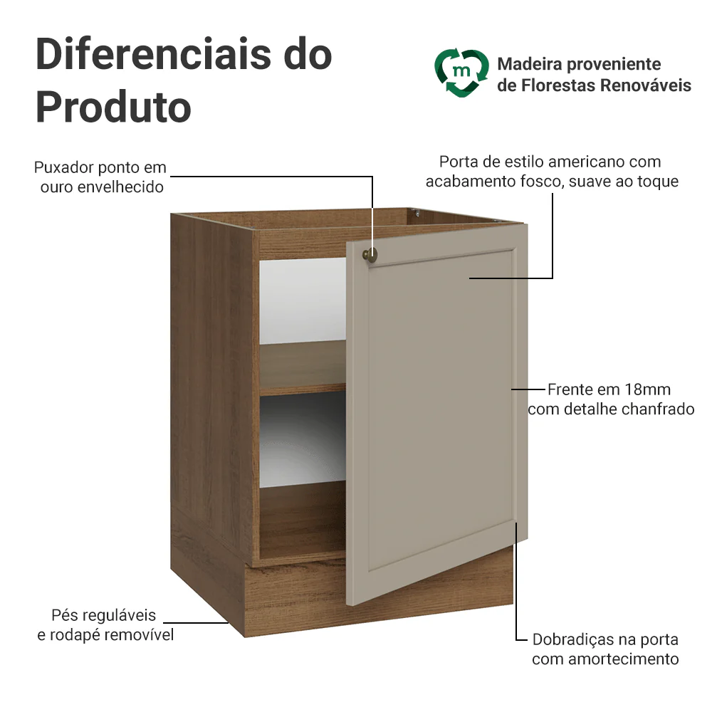 Balcão de Cozinha 60 x 60 cm 1 Porta (Sem Tampo) Rustic/Crema Vik Madesa - Image 3