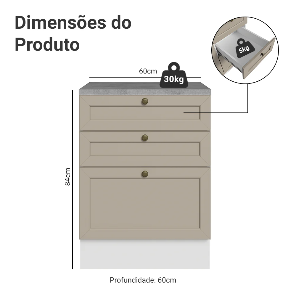 Balcão de Cozinha 60 x 60 cm 3 Gavetas (Com Tampo) Branco/Crema Vik Madesa - Image 2
