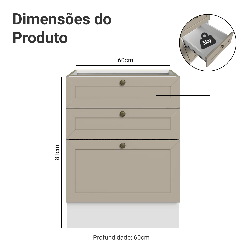 Balcão de Cozinha 60 x 60 cm 3 Gavetas (Sem Tampo) Branco/Crema Vik Madesa - Image 2