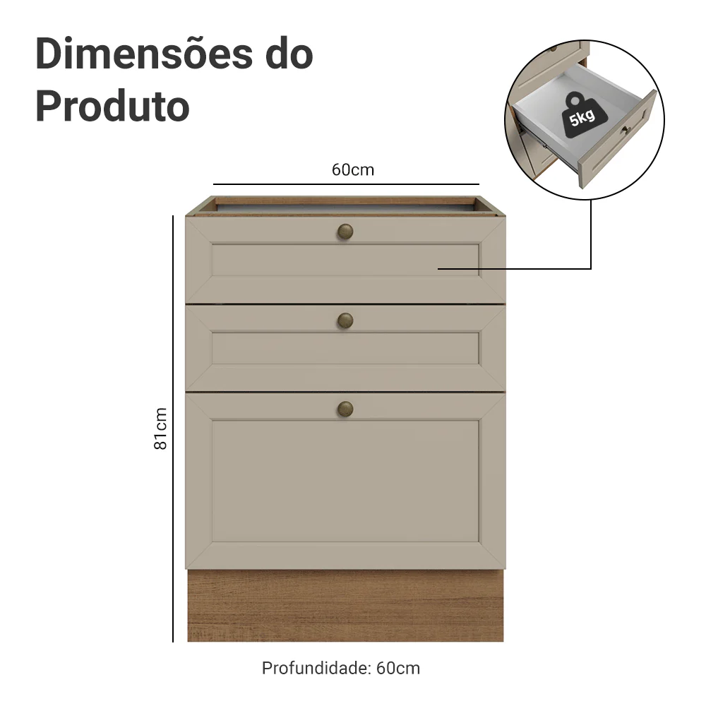 Balcão de Cozinha 60 x 60 cm 3 Gavetas (Sem Tampo) Rustic/Crema Vik Madesa - Image 2