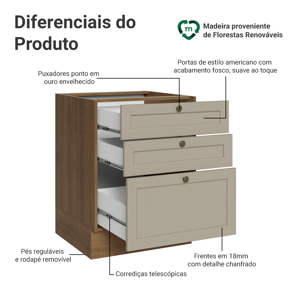 Balcão de Cozinha 60 x 60 cm 3 Gavetas (Sem Tampo) Rustic/Crema Vik Madesa - Image 3