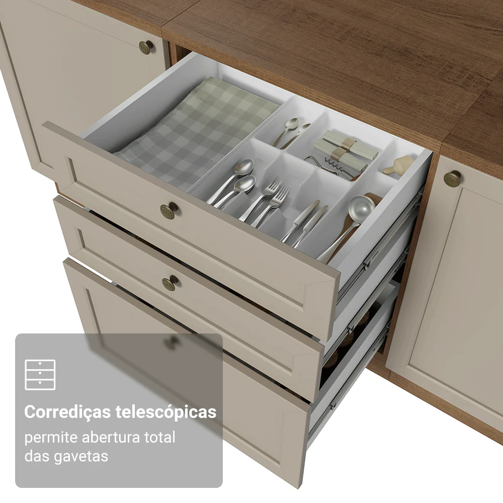 Balcão de Cozinha 60 x 60 cm 3 Gavetas (Sem Tampo) Rustic/Crema Vik Madesa - Image 6