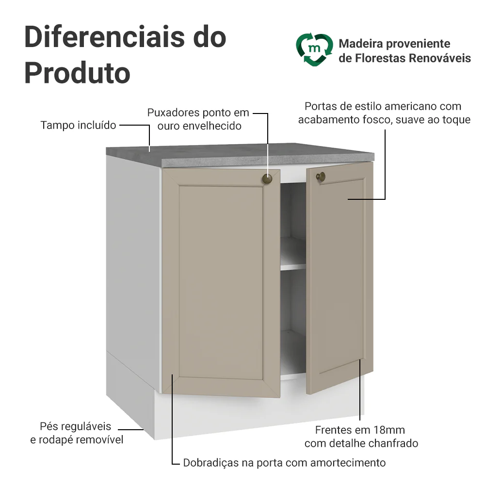 Balcão de Cozinha 70 cm 2 Portas Branco/Crema Vik Madesa - Image 3