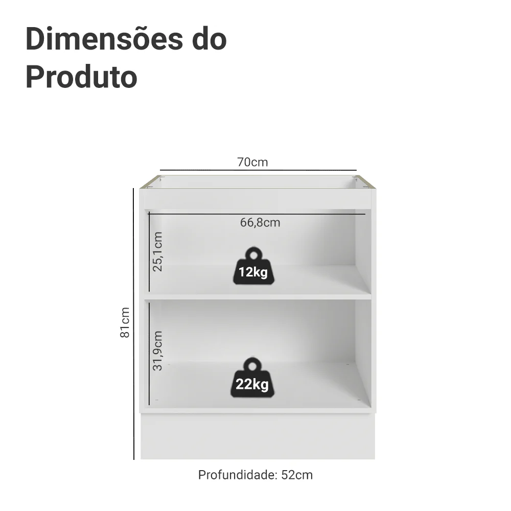 Balcão de Cozinha 70 cm 2 Portas (Sem Tampo) Branco/Preto Lux Madesa - Image 2