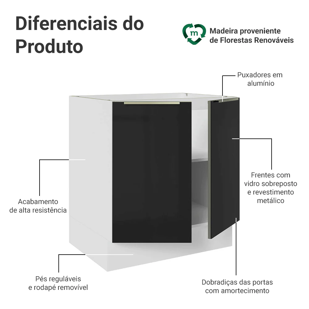 Balcão de Cozinha 70 cm 2 Portas (Sem Tampo) Branco/Preto Lux Madesa - Image 3
