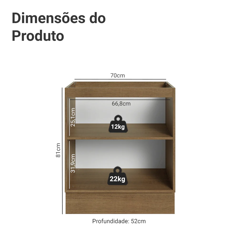 Balcão de Cozinha 70 cm 2 Portas (Sem Tampo) Rustic/Cinza Lux Madesa - Image 2