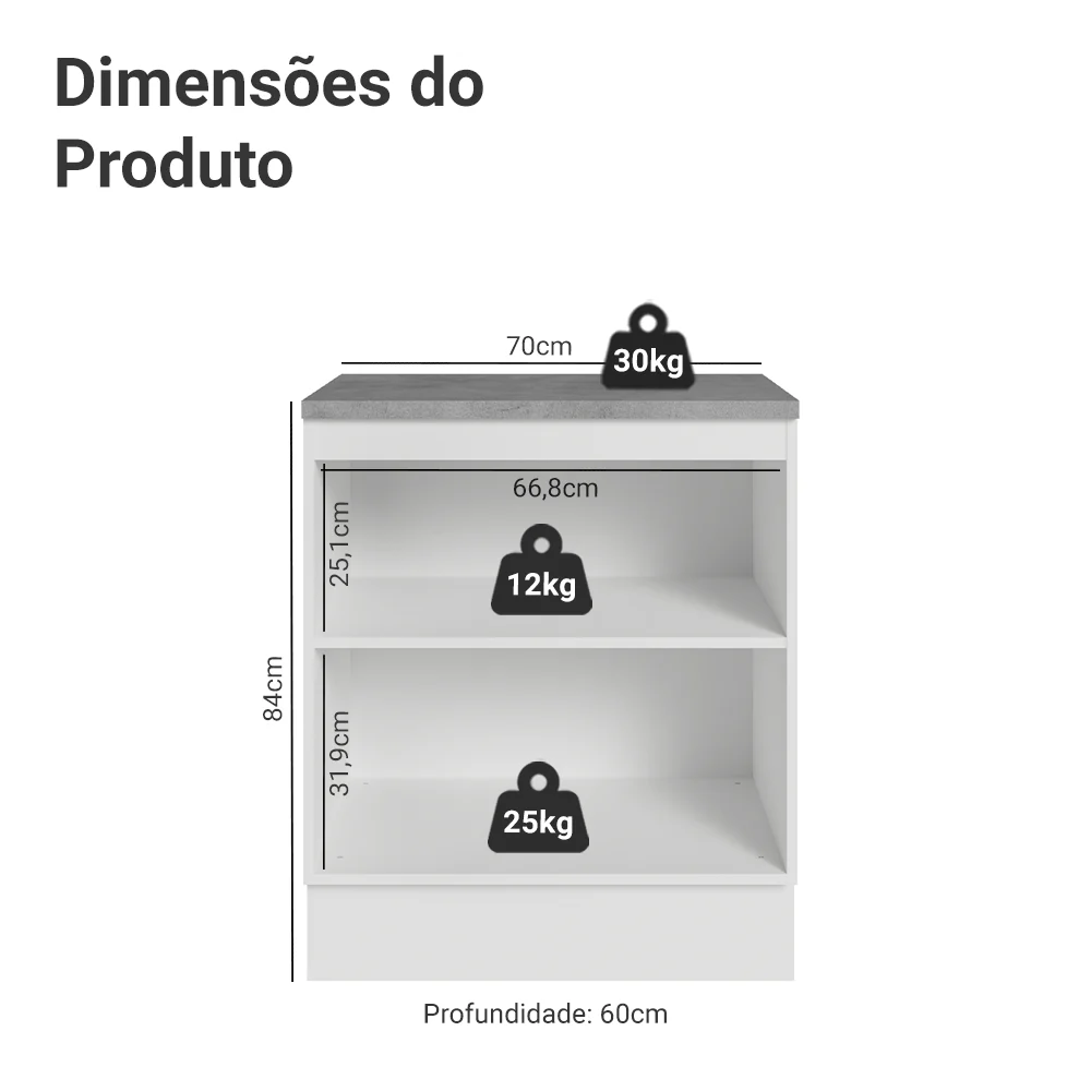 Balcão de Cozinha 70 x 60 cm 2 Portas (Com Tampo) Branco/Crema Vik Madesa - Image 2