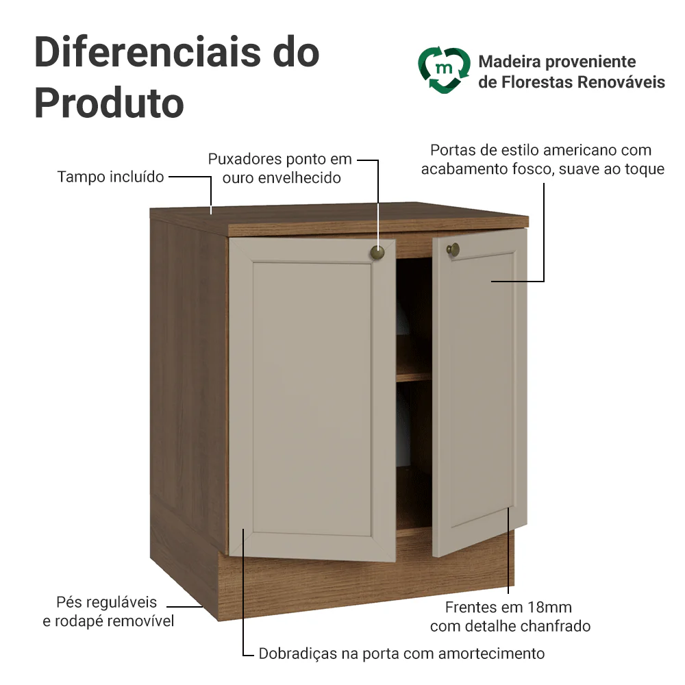 Balcão de Cozinha 70 x 60 cm 2 Portas (Com Tampo) Rustic/Crema Vik Madesa - Image 3