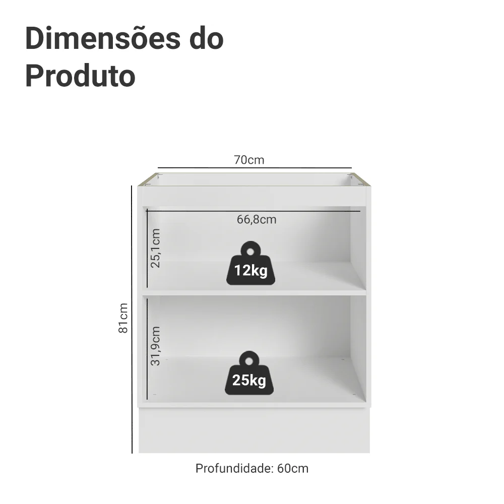 Balcão de Cozinha 70 x 60 cm 2 Portas (Sem Tampo) Branco/Crema Vik Madesa - Image 2