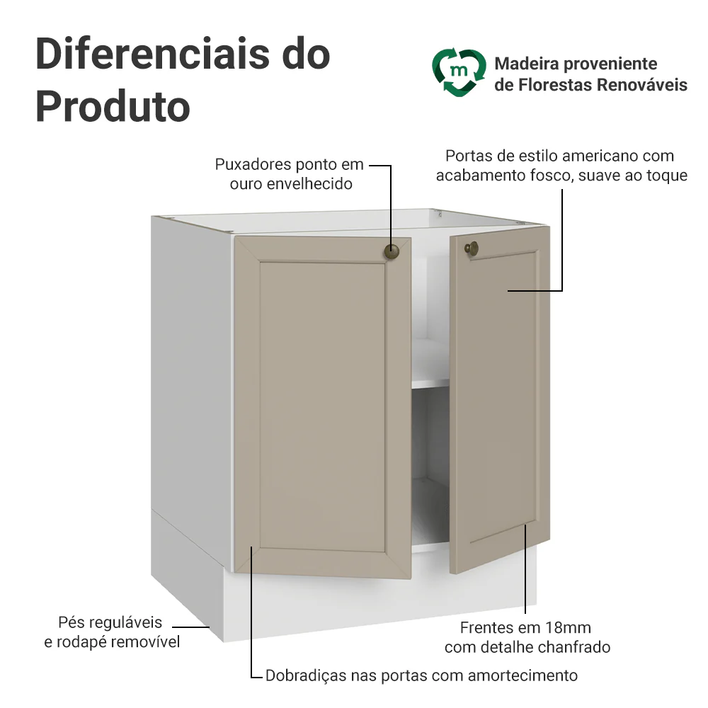 Balcão de Cozinha 70 x 60 cm 2 Portas (Sem Tampo) Branco/Crema Vik Madesa - Image 3