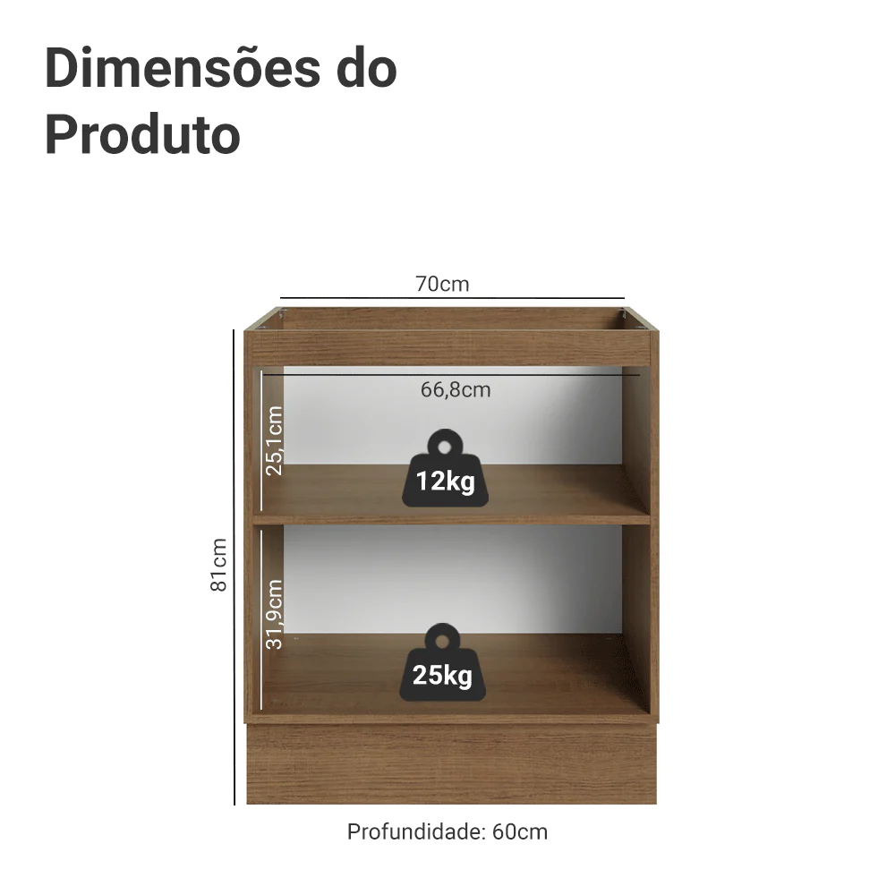 Balcão de Cozinha 70 x 60 cm 2 Portas (Sem Tampo) Rustic/Crema Vik Madesa - Image 2