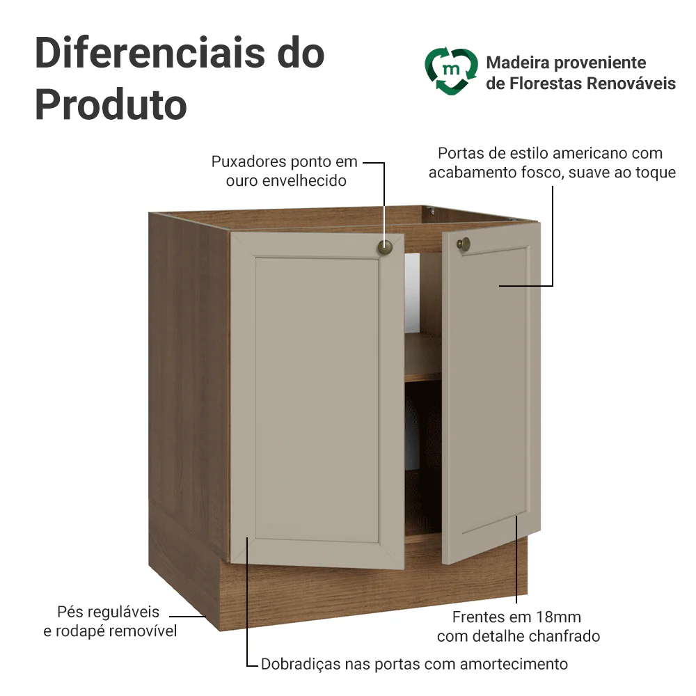 Balcão de Cozinha 70 x 60 cm 2 Portas (Sem Tampo) Rustic/Crema Vik Madesa - Image 3