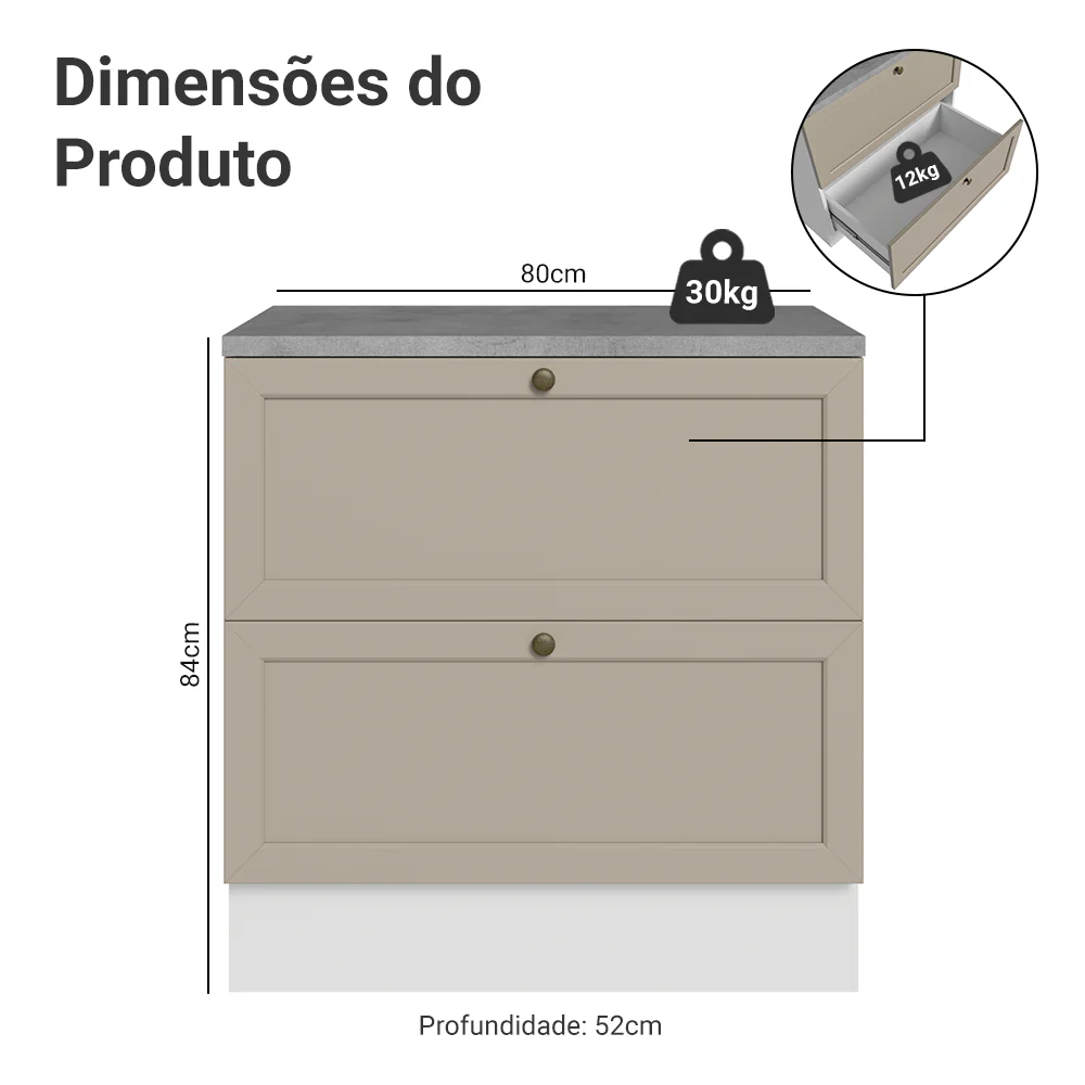 Balcão de Cozinha 80 cm 2 Gavetas Branco/Crema Vik Madesa - Image 2