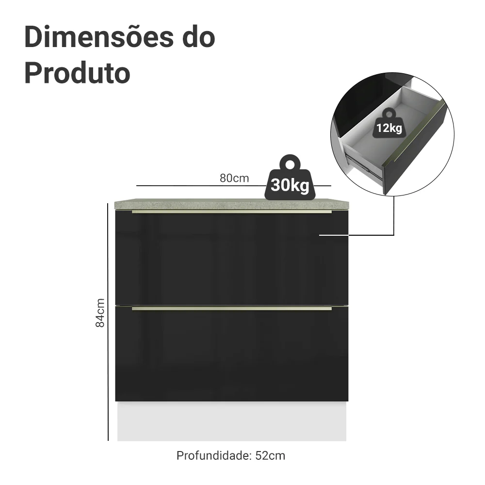 Balcão de Cozinha 80 cm 2 Gavetas Branco/Preto Lux Madesa - Image 2