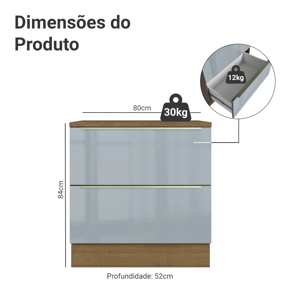 Balcão de Cozinha 80 cm 2 Gavetas Rustic/Cinza Lux Madesa - Image 2