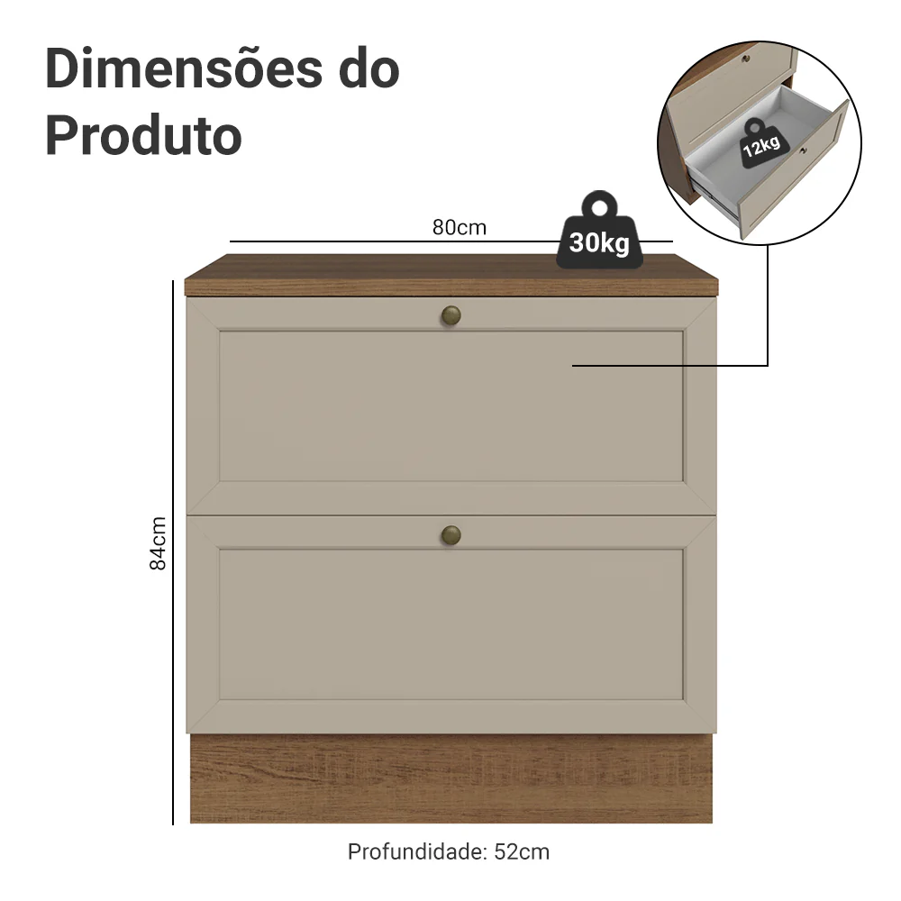 Balcão de Cozinha 80 cm 2 Gavetas Rustic/Crema Vik Madesa - Image 2