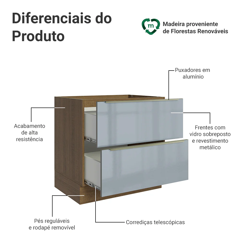 Balcão de Cozinha 80 cm 2 Gavetas (Sem Tampo) Rustic/Cinza Lux Madesa - Image 3
