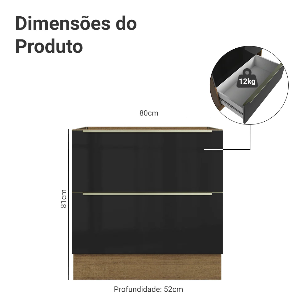 Balcão de Cozinha 80 cm 2 Gavetas (Sem Tampo) Rustic/Preto Lux Madesa - Image 2