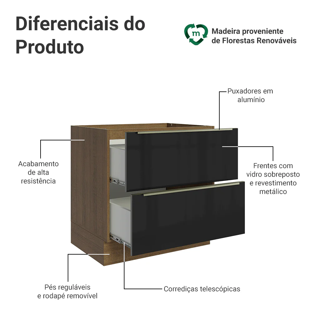 Balcão de Cozinha 80 cm 2 Gavetas (Sem Tampo) Rustic/Preto Lux Madesa - Image 3
