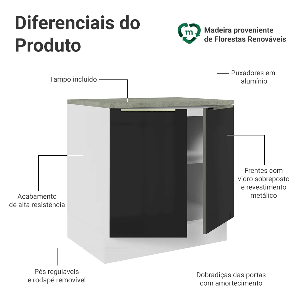 Balcão de Cozinha 80 cm 2 Portas Branco/Preto Lux Madesa - Image 3