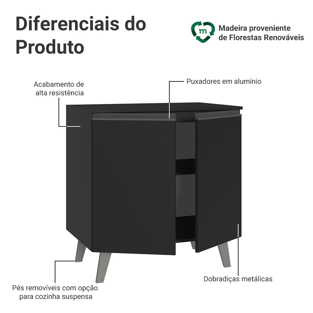Balcão de Cozinha 80 cm 2 Portas Com Pés Preto Nice Madesa - Image 3
