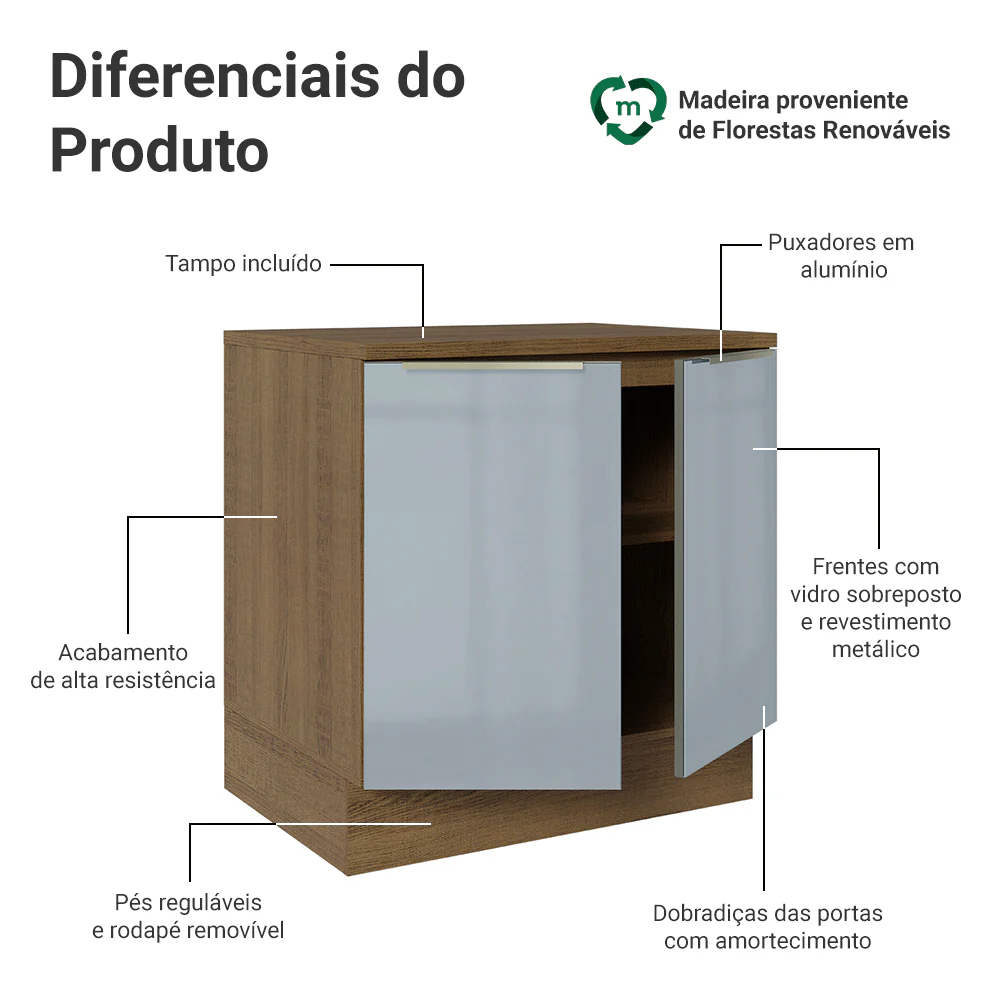 Balcão de Cozinha 80 cm 2 Portas Rustic/Cinza Lux Madesa - Image 3