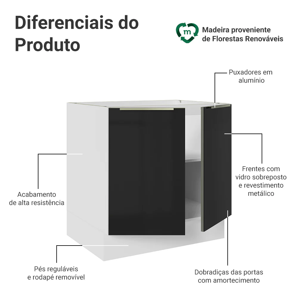 Balcão de Cozinha 80 cm 2 Portas (Sem Tampo) Branco/Preto Lux Madesa - Image 3
