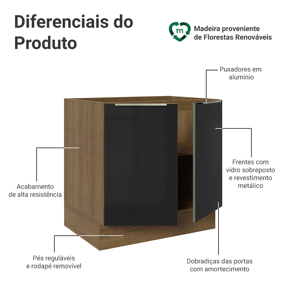 Balcão de Cozinha 80 cm 2 Portas (Sem Tampo) Rustic/Preto Lux Madesa - Image 3