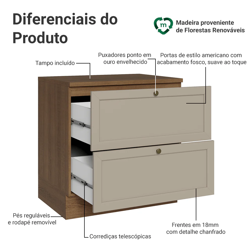 Balcão de Cozinha 80 x 60 cm 2 Gavetas (Com Tampo) Rustic/Crema Vik Madesa - Image 3