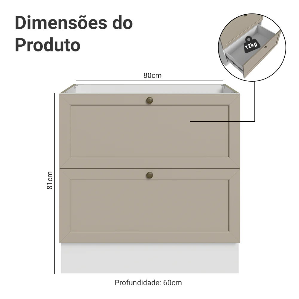 Balcão de Cozinha 80 x 60 cm 2 Gavetas (Sem Tampo) Branco/Crema Vik Madesa - Image 2