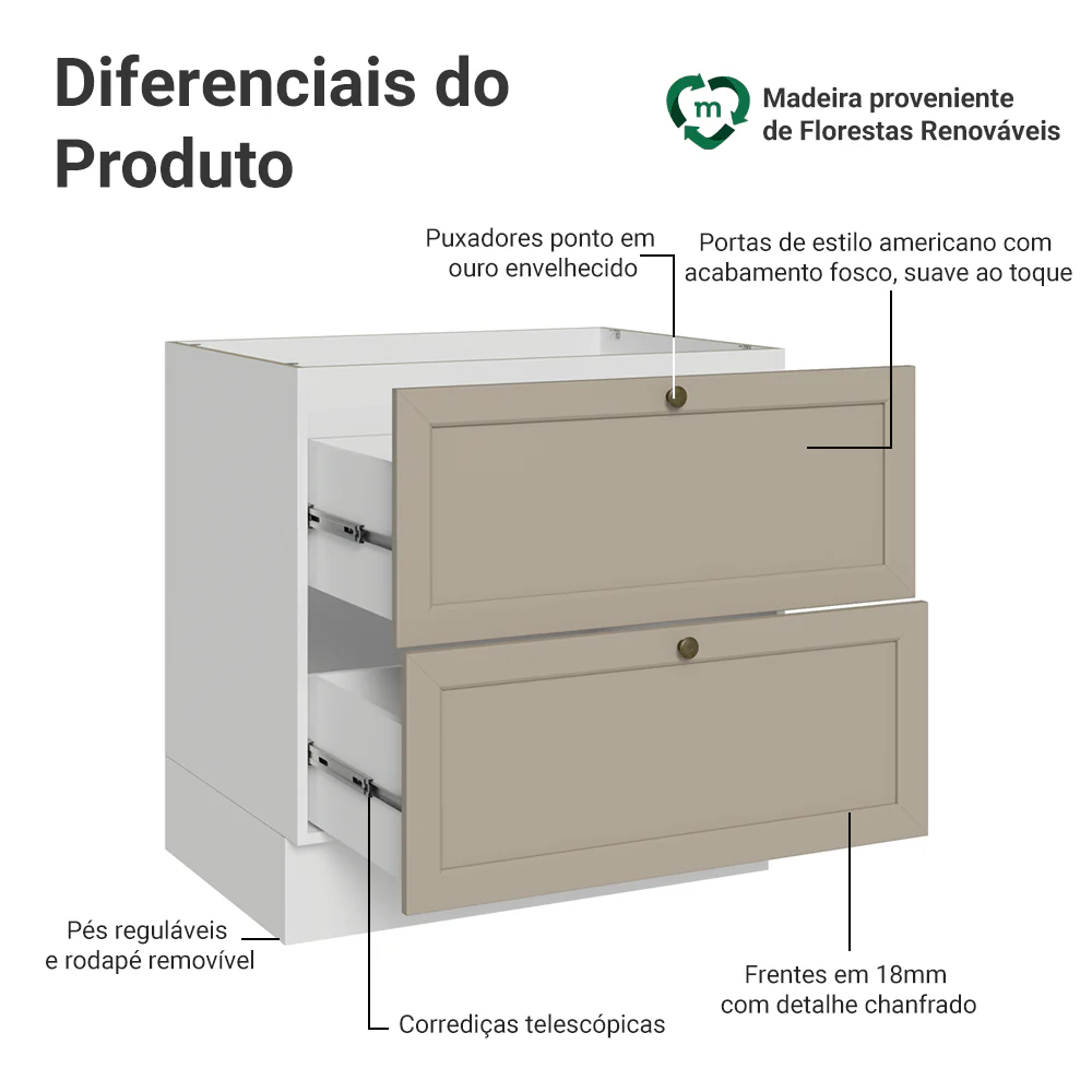 Balcão de Cozinha 80 x 60 cm 2 Gavetas (Sem Tampo) Branco/Crema Vik Madesa - Image 3