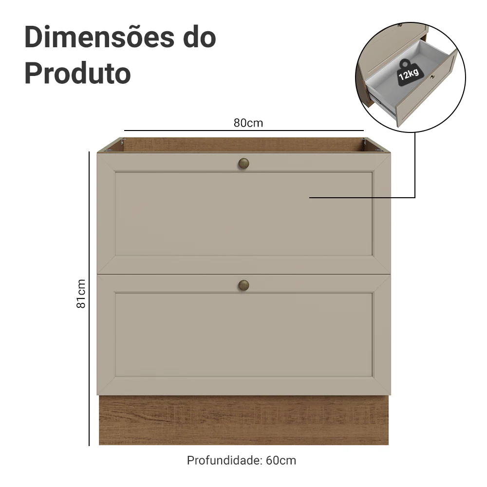 Balcão de Cozinha 80 x 60 cm 2 Gavetas (Sem Tampo) Rustic/Crema Vik Madesa - Image 2
