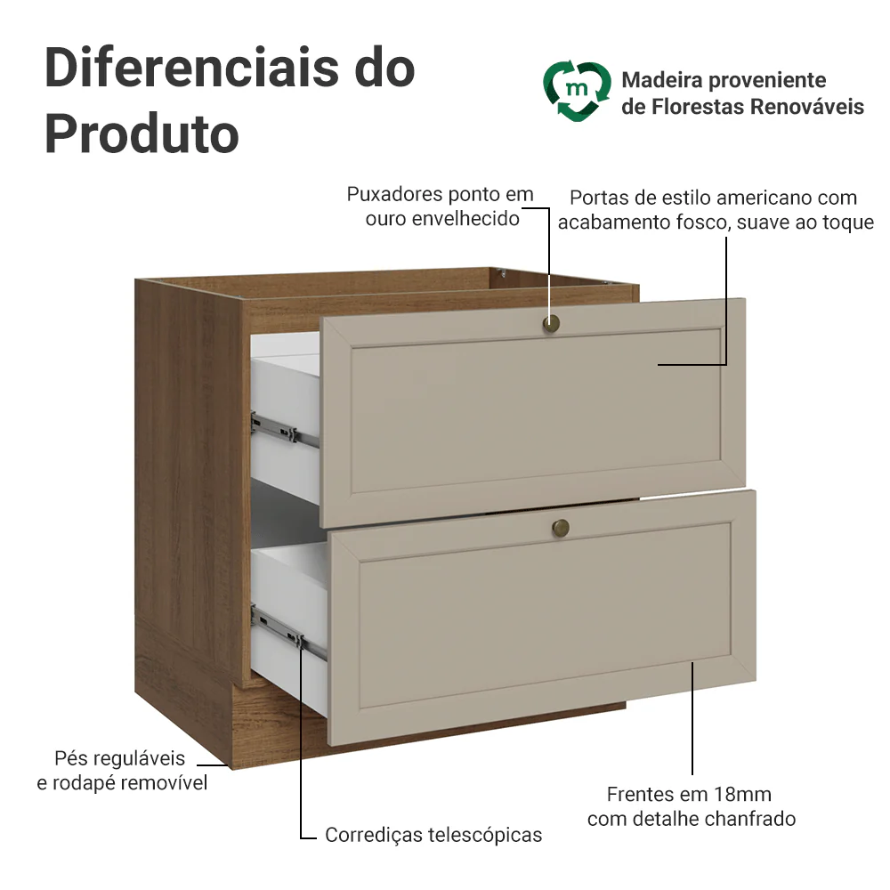Balcão de Cozinha 80 x 60 cm 2 Gavetas (Sem Tampo) Rustic/Crema Vik Madesa - Image 3