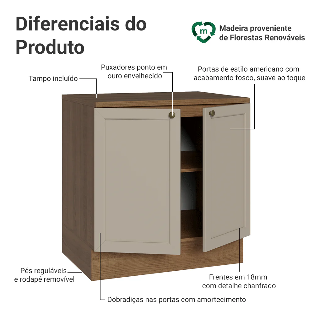 Balcão de Cozinha 80 x 60 cm 2 Portas (Com Tampo) Rustic/Crema Vik Madesa - Image 3