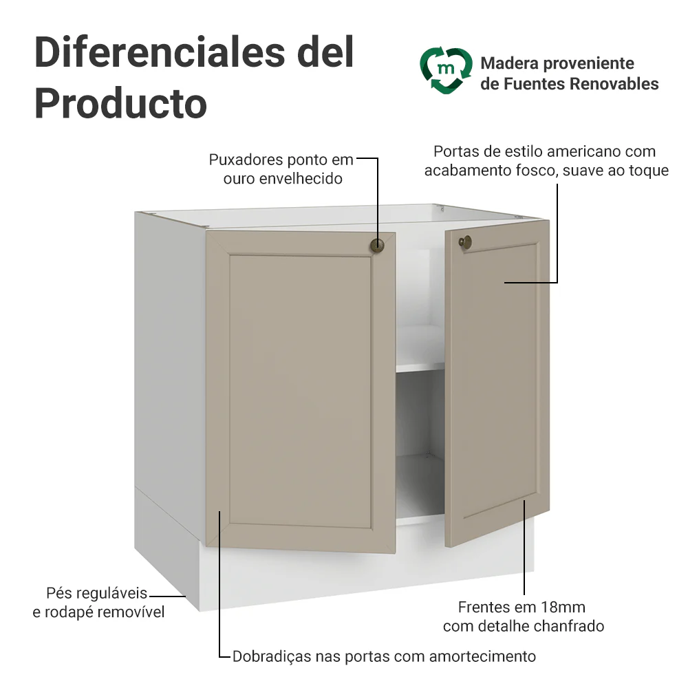 Balcão de Cozinha 80 x 60 cm 2 Portas (Sem Tampo) Branco/Crema Vik Madesa - Image 3