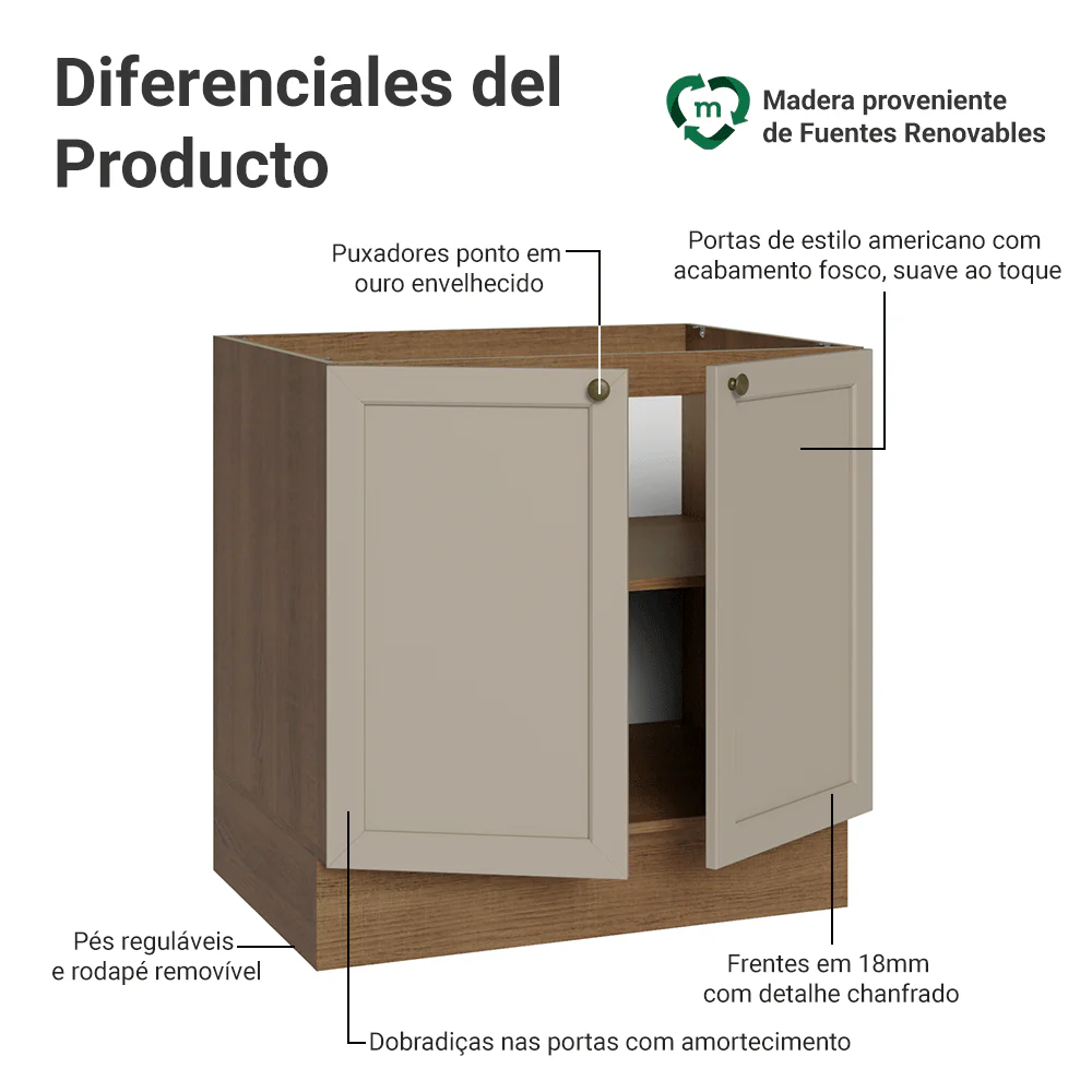 Balcão de Cozinha 80 x 60 cm 2 Portas (Sem Tampo) Rustic/Crema Vik Madesa - Image 3