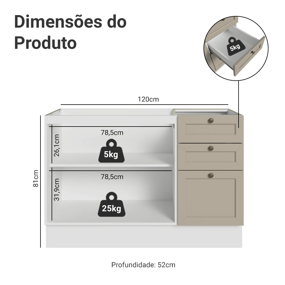 Balcão de Pia 120 cm 2 Portas 3 Gavetas (Sem Tampo) Branco/Crema Vik Madesa - Image 2