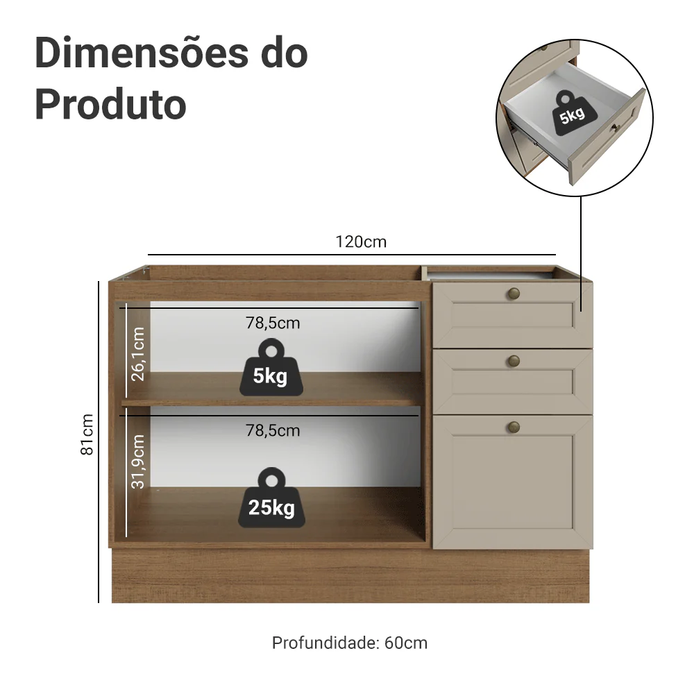 Balcão de Pia 120 x 60 cm 2 Portas 3 Gavetas (Sem Tampo) Rustic/Crema Vik Madesa - Image 2