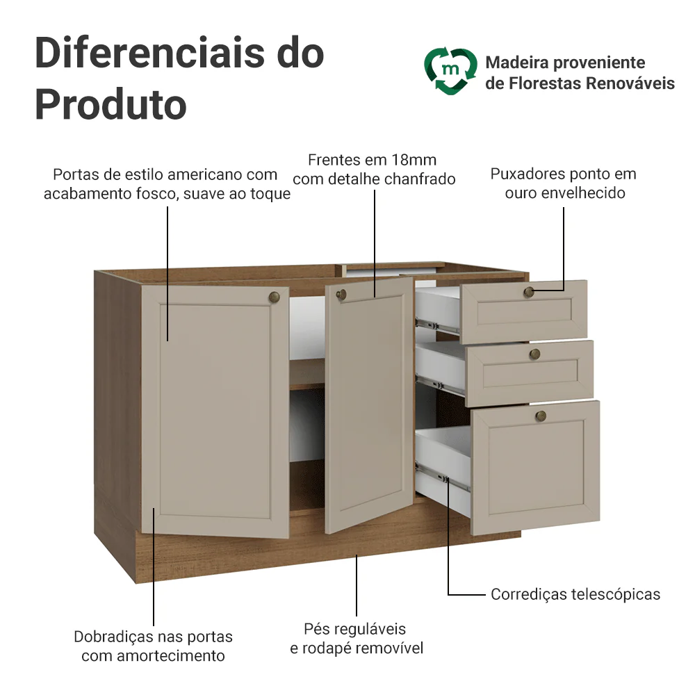 Balcão de Pia 120 x 60 cm 2 Portas 3 Gavetas (Sem Tampo) Rustic/Crema Vik Madesa - Image 3