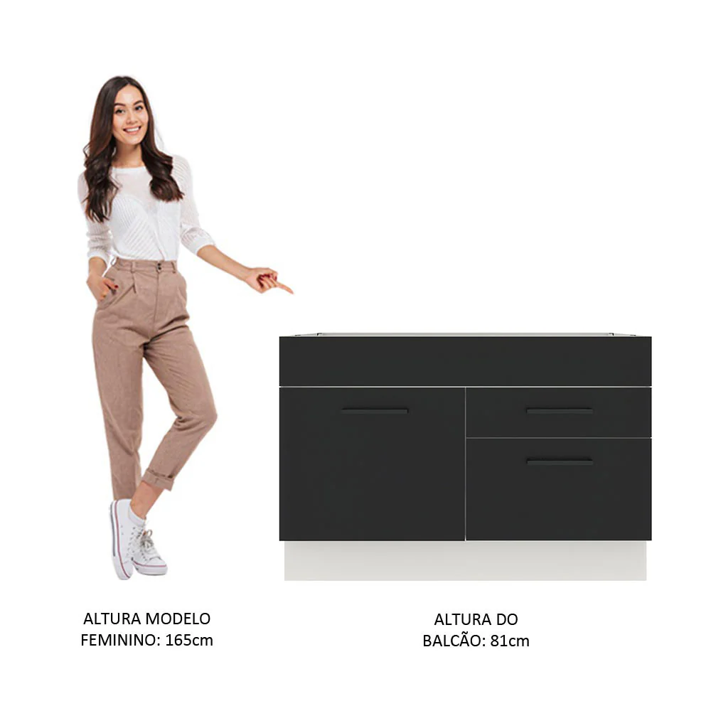 Balcão Gabinete de Pia Madesa Agata 1 Porta e 2 Gavetas (Sem Tampo e Pia) Branco/Preto - Image 5