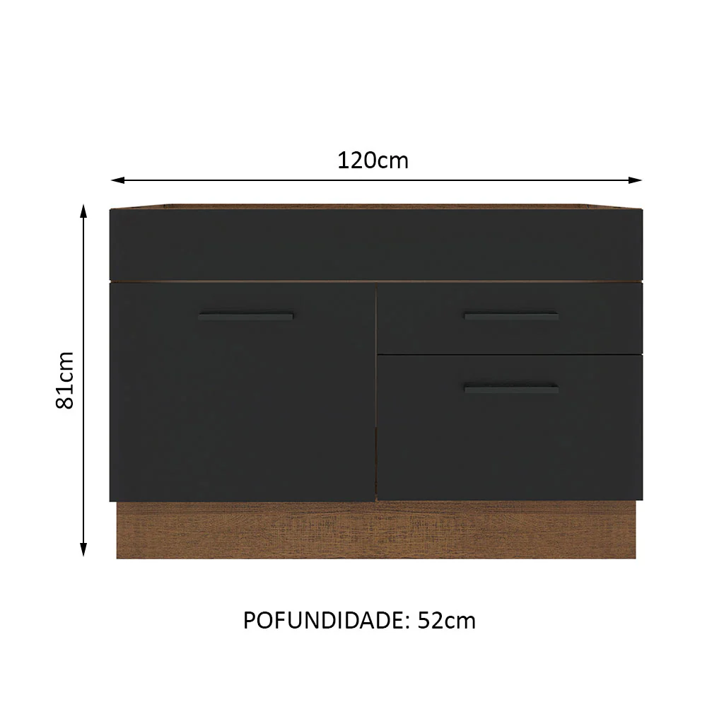 Balcão Gabinete de Pia Madesa Agata 1 Porta e 2 Gavetas (Sem Tampo e Pia) Rustic/Preto - Image 2