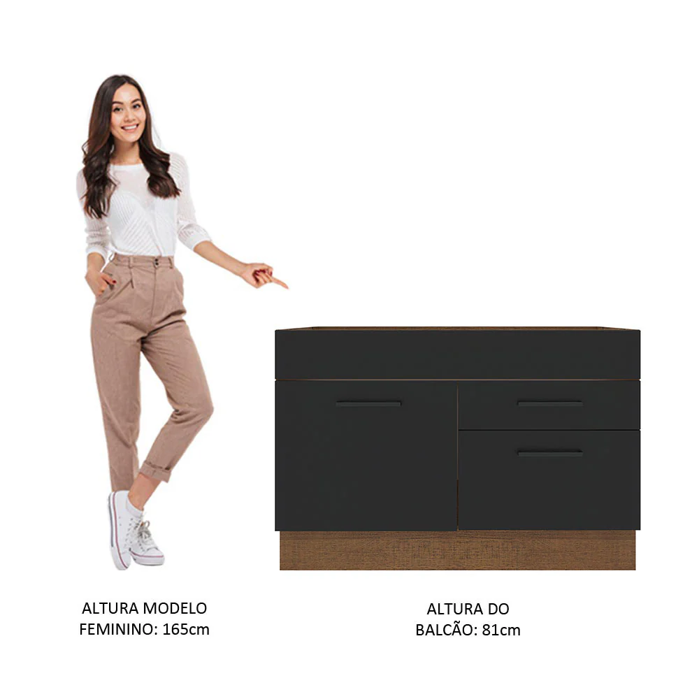 Balcão Gabinete de Pia Madesa Agata 1 Porta e 2 Gavetas (Sem Tampo e Pia) Rustic/Preto - Image 5